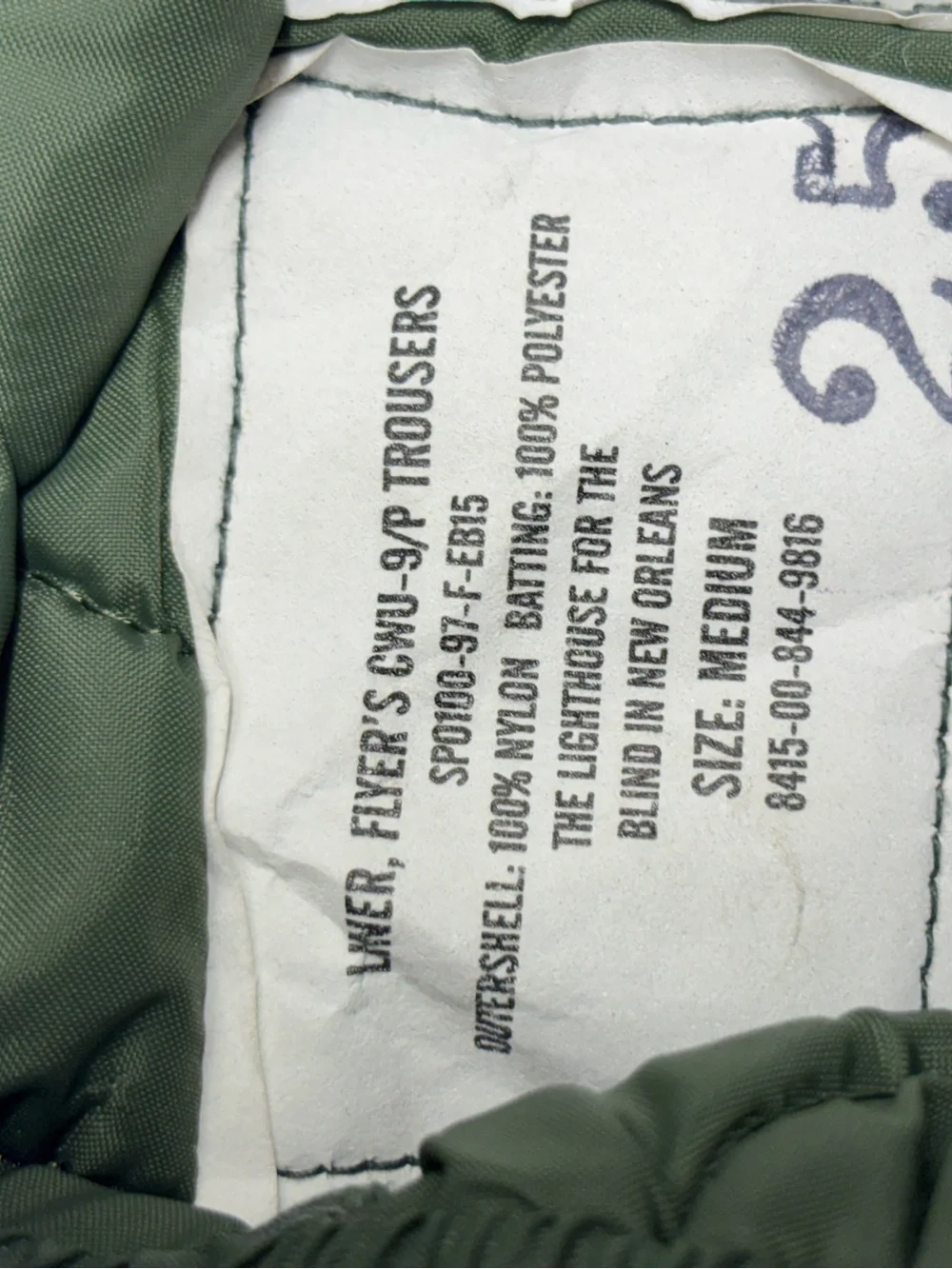 VTG USAF Military Pants Mens Sz M Green CWU-9/P Flyers Trousers Quilted Liner